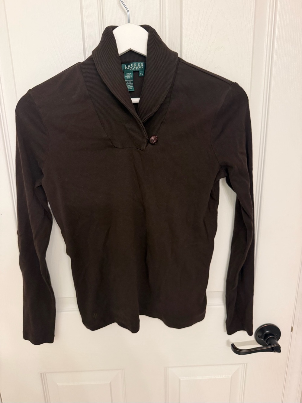 Lauren Ralph Lauren Petite Brown Shawl Collar Top P/M medium shirt